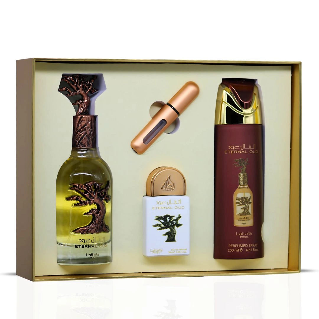 Lattafa Pride Eternal Oud 3-Piece Eau de Parfum Gift Set | Lush Fruit, Powdery Florals & Opulent Smoke (Gift Set)